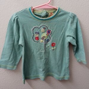 Striped Green Kids Shirt with Tree Bird Design